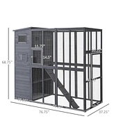 PawHut Cat House Outdoor Catio Kitty Enclosure with Platforms Run Lockable Doors and Asphalt Roof, 77" x 37" x 69", Grey