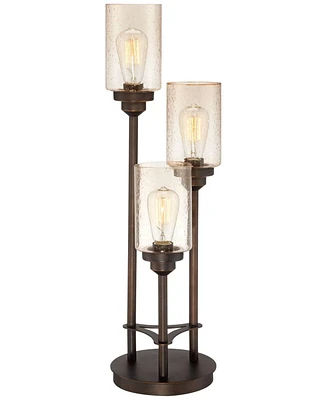 Franklin Iron Works Libby Modern Industrial Rustic Farmhouse Table Lamp 30" Tall Full Size Bronze Metal 3-Light Led Amber Seeded Cylinder Glass for Li