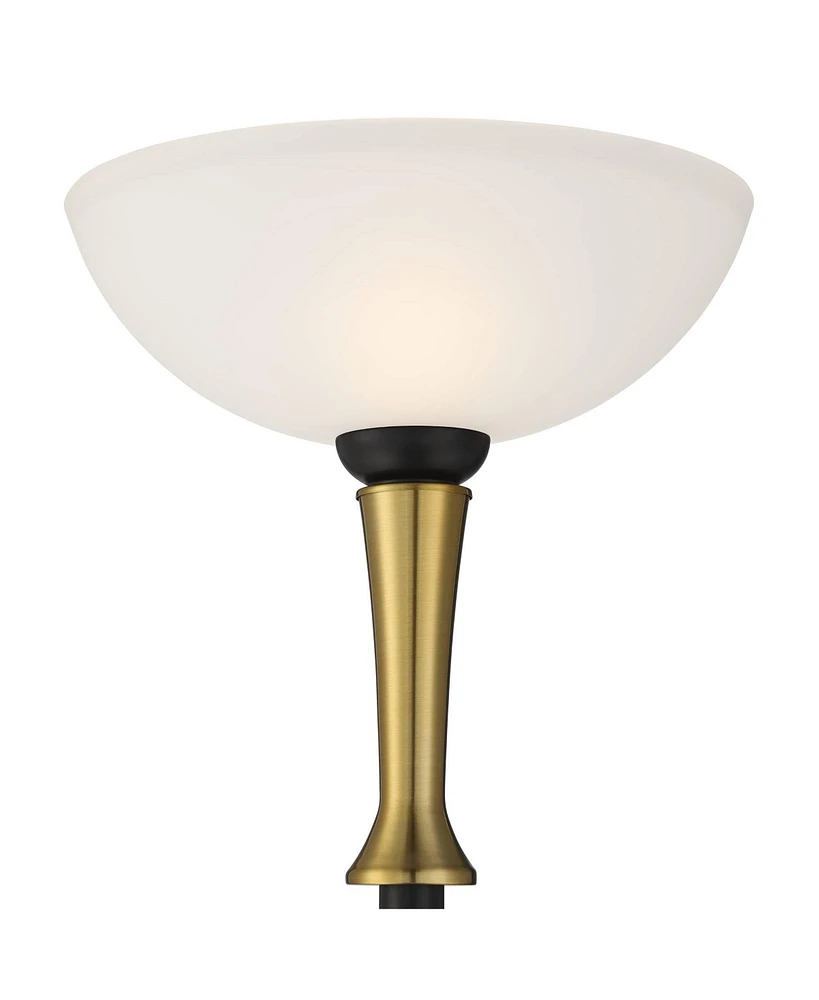 Possini Euro Design Burbank Modern Mid Century Art Deco Torchiere Floor Lamp Standing 70" Tall Black Brass Metal Frosted White Glass Bowl Shade for Li