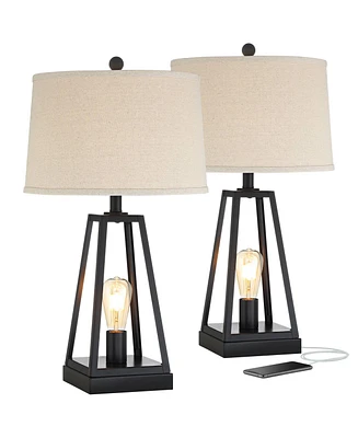 Franklin Iron Works Kacey Modern Table Lamps 25 1/4" Tall Set of 2 with Usb Charging Port Nightlight Dark Metal Led Oatmeal Drum Shade for Bedroom Liv