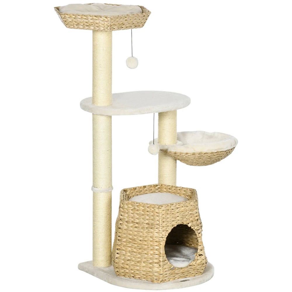 PawHut 47" Cat Tree Kitty Activity Center, Cat Climbing Toy with Cattail Fluff, Bed, Condo, Sisal Scratching Post, and Hanging Ball, Natural