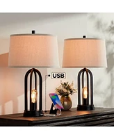 360 Lighting Marcel Modern Industrial Table Lamps 24 1/4" Tall Set of 2 with Led Nightlight Usb Port Black Metal Natural Linen Shade for Bedroom Livin