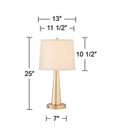 360 Lighting Karla Modern Table Lamps 25" Tall Set of 2 with Usb Charging Port Brass Gold Metal Beige Fabric Drum Shade for Bedroom Living Room House