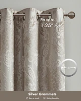 SunSmart Amelia Knitted Jacquard Paisley Total Blackout Grommet Top Curtain Panel, Single Curtain with Privacy Lining for Bedroom and Living Room