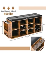 Wooden Shoe Bench 10-Cube Storage Organizer with Padded Cushion & Umbrella Holder