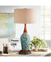 360 Lighting Rocco Mid Century Modern Table Lamp with Dimmable Usb Workstation Charging Base 30" Tall Blue Teal Ceramic Cherry Wood Linen Drum Shade f