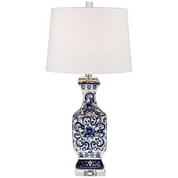 Barnes and Ivy Iris Traditional Country Cottage Table Lamp with Table Top Dimmer 28" Tall Blue White Floral White Porcelain Drum Shade Living Room Bed