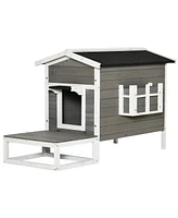 Streamdale Furniture Spacious Outdoor Cat House with Patio, Slanted Roof, and Emergency Exit