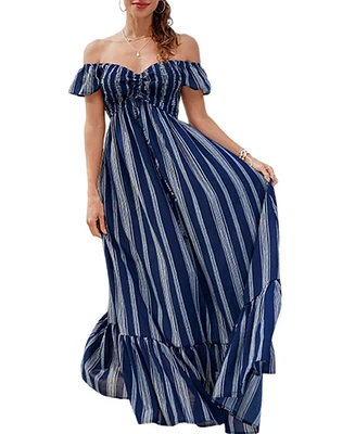 Cupshe Women's Striped Off-Shoulder Ruffled Maxi Beach Dress