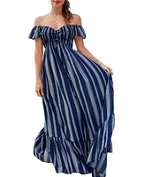 Cupshe Women's Striped Off-Shoulder Ruffled Maxi Beach Dress