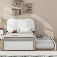 Twin Size Upholstered Platform Bed With Wood Supporting Feet And Twin Size Trundle