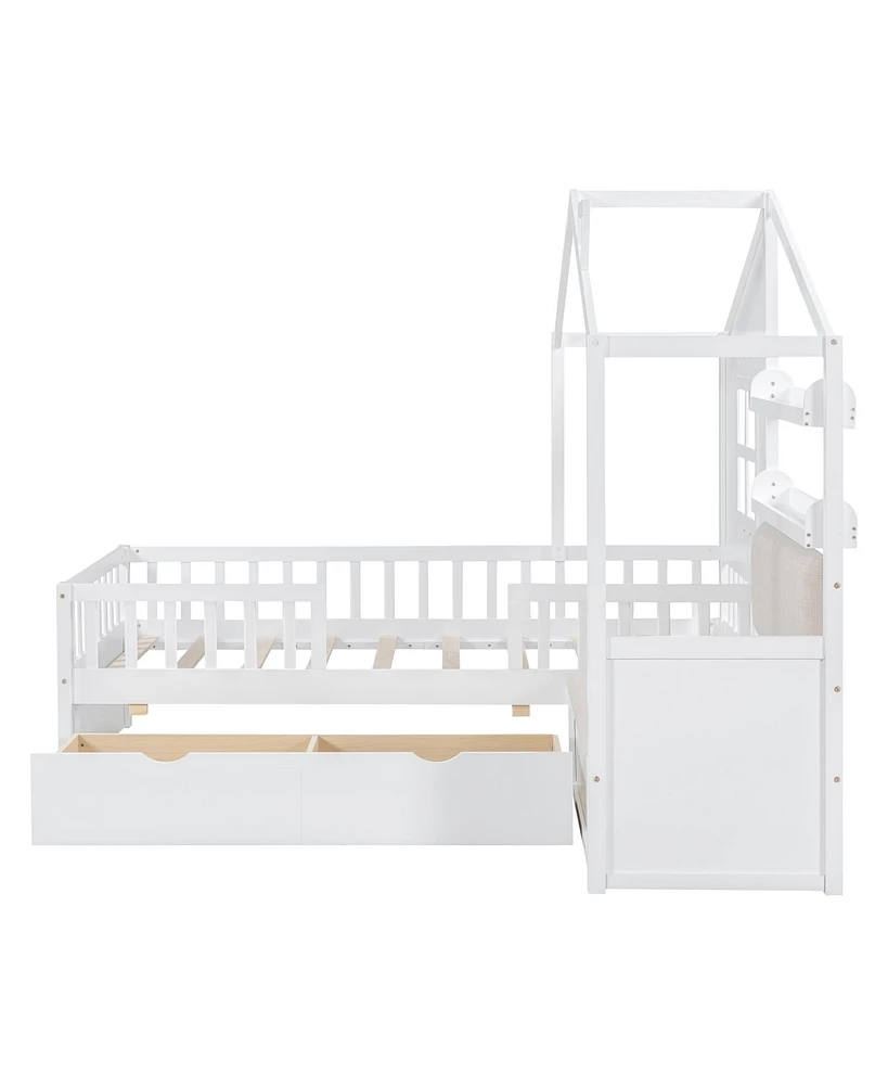 Simplie Fun Twin Size House Bed With Sofa, Kids Platform Bed With Two Drawers And Storage Shelf, White