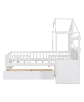 Simplie Fun Twin Size House Bed With Sofa, Kids Platform Bed With Two Drawers And Storage Shelf, White