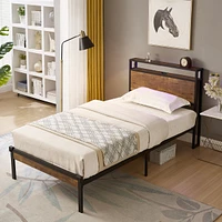 Metal Platform Bed Frame with Wooden Headboard and Usb Liner