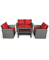 Sugift 4 Pieces Patio Rattan Furniture Set Sofa Table with Storage Shelf Cushion