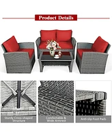 Sugift 4 Pieces Patio Rattan Furniture Set Sofa Table with Storage Shelf Cushion