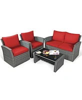 Sugift 4 Pieces Patio Rattan Furniture Set Sofa Table with Storage Shelf Cushion