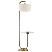 Possini Euro Design Volta Mid Century Modern Arched Floor Lamp with Usb Charging Port Glass Tray Table 66" Tall Antique Brass Gold Metal White Linen D