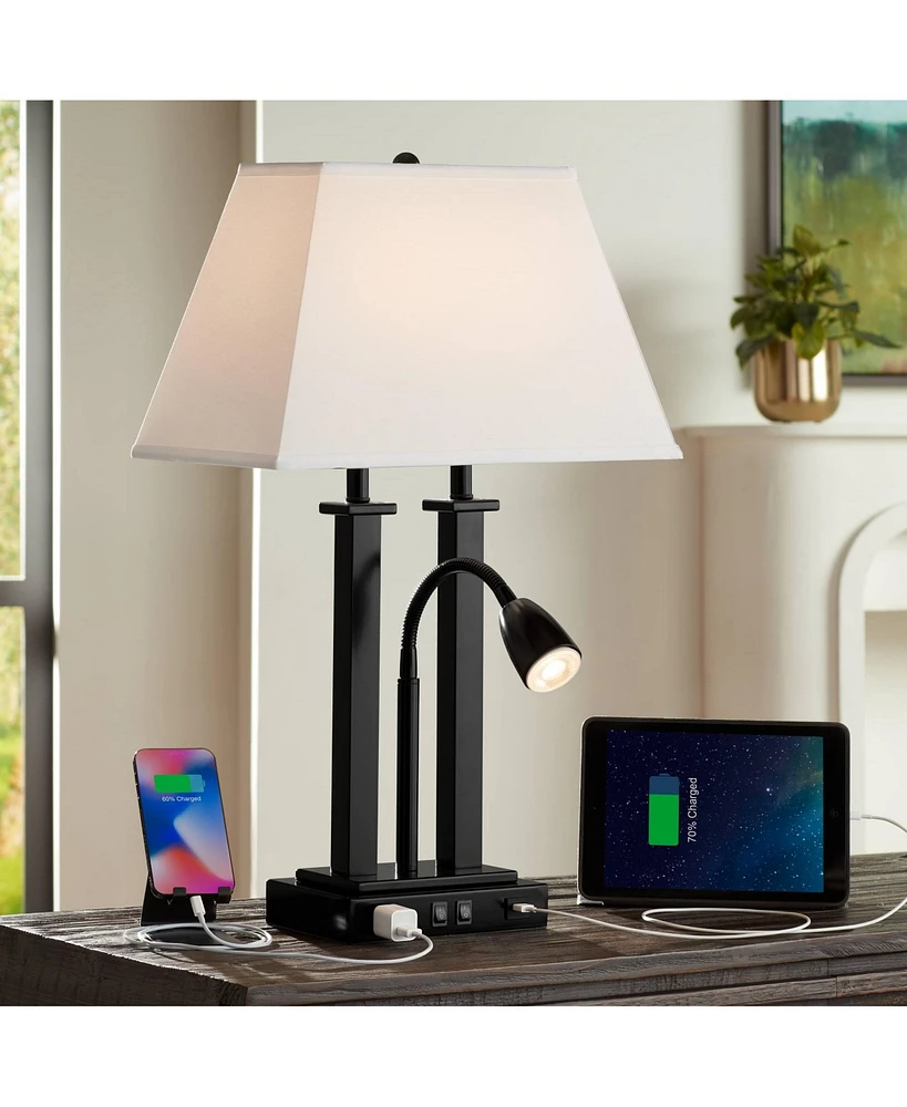 Possini Euro Design Deacon Modern Gooseneck Desk Lamp with Usb Charging Port and Outlet 26" High Led Black Metal Oatmeal Linen Fabric Shade for Living