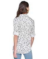 Karl Lagerfeld Paris Women's Petite Printed Utility Button-Down Top