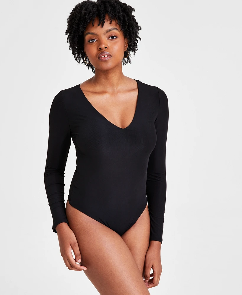 Bar Iii Women's V-Neck Shine Rib-Knit Bodysuit, Created for Macy's