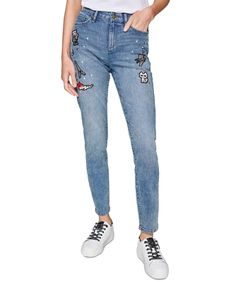 Karl Lagerfeld Paris Women's Super Stretch Embellished Straight-Leg Patch Jeans