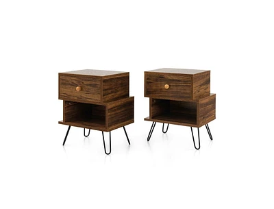 Slickblue Set of 2 2-Tier Irregular Wooden Nightstands with Elevated Metal Feet-Walnut