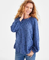 Style & Co Petite Floral Printed Smocked Blouse, Created for Macy's