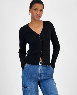 On 34th Women's V-Neck Ribbed Cardigan, Created for Macy's