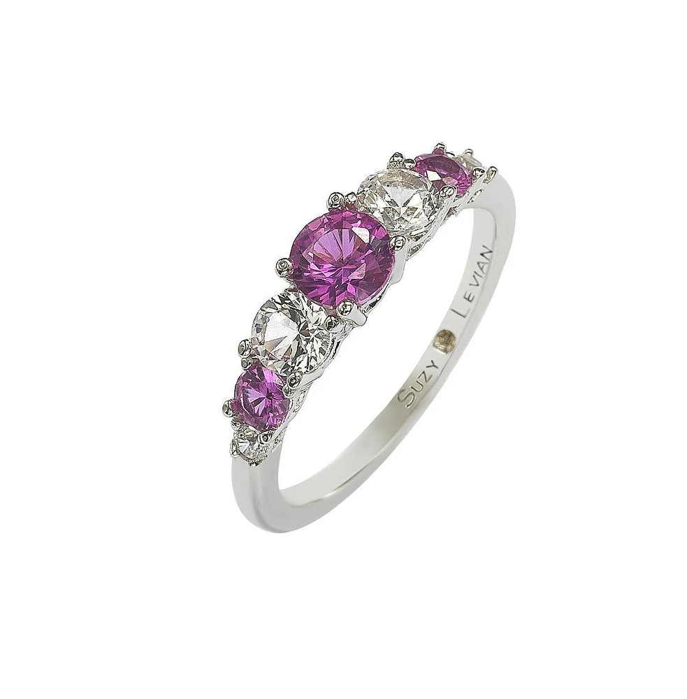 Suzy Levian New York Pink Sapphire & Lab-Grown White Sapphire 7 Stone Multi Level Band Ring in Sterling Silver by Suzy Levian