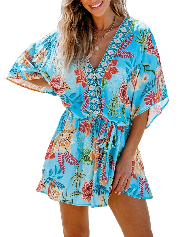 Cupshe Women's Blue Tropical Dolman Sleeve Mini Beach Dress