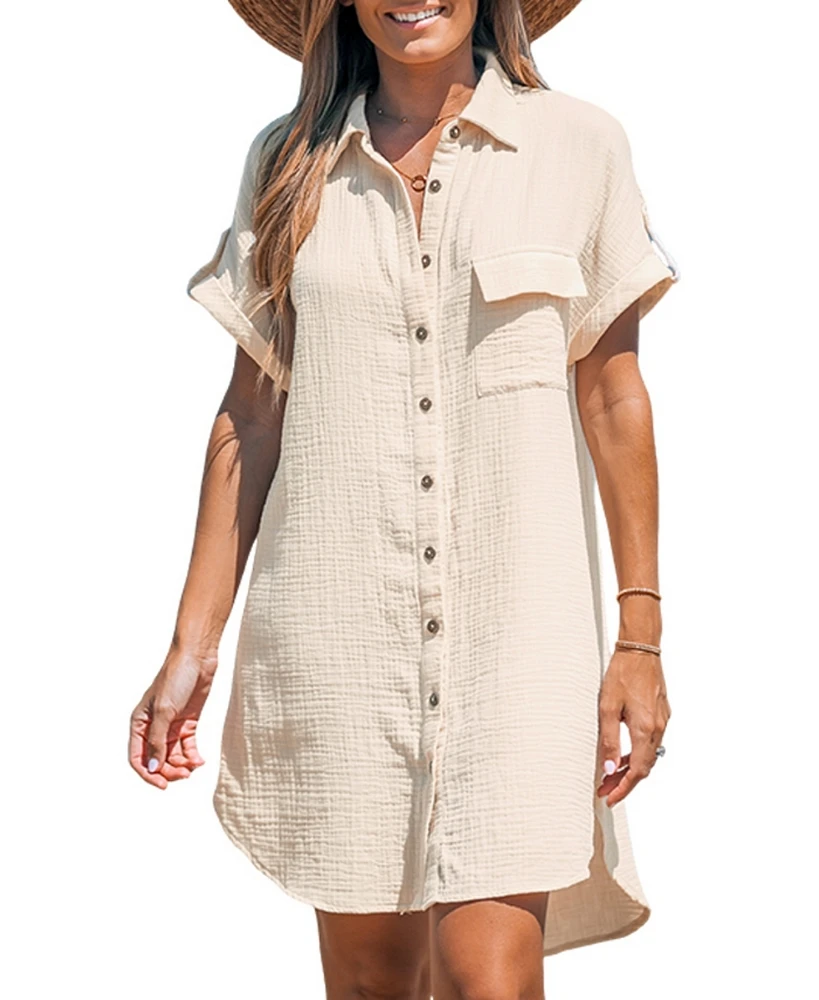 Cupshe Women's Collared Front Button Mini Beach Dress