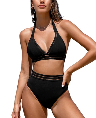 Cupshe Women's Black Halterneck Bikini Top & Standard Bottoms Set