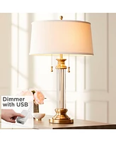 Rolland Traditional Table Lamp with Usb Dimmer 30" Tall Antique Brass Metal 2-Light Tapered Drum Shade for Living Room Bedroom House Bedside Nightstan