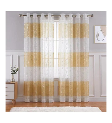 Caromio Branches Silver Foil Stripe Grommet Sheer Window Curtain Panels, 52" x 63"