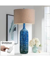 Mid Century Modern Style Table Lamp with Table Top Dimmer 36" Tall Teal Glaze Ceramic Tan Linen Drum Shade for Living Room Bedroom House Bedside