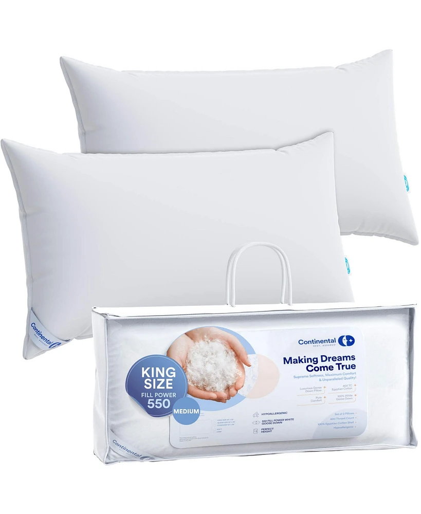 Continental Bedding Luxury Down Pillows King Size Set of 2 - 550FP Medium