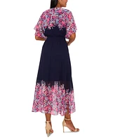 Msk Petite Printed V-Neck Flutter-Sleeve Smocked-Waist Dress