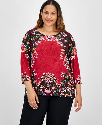 Jm Collection Plus 3/4-Sleeve Blooming Jacquard Top, Created for Macy's