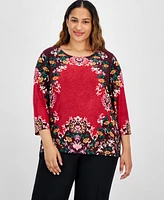 Jm Collection Plus 3/4-Sleeve Blooming Jacquard Top, Exclusively at Macy's
