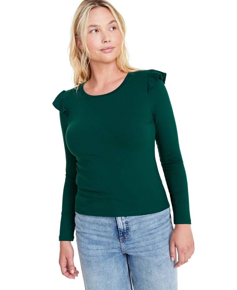 On 34th Women's Ruffle-Trim Ribbed Long-Sleeve Top, Created for Macy's