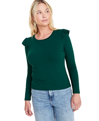 On 34th Women's Ruffle-Trim Ribbed Long-Sleeve Top, Created for Macy's