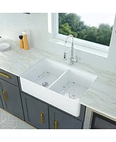 32 L X 20 W Double Basin Farmhouse Kitchen Sink With Basket Strainer