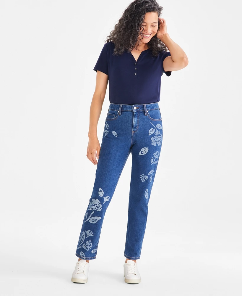 Style & Co Petite High-Rise Floral-Motif Straight Jeans, Created for Macy's