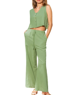 Cupshe Women's Green Front Button Tank & Straight Leg Pants Set