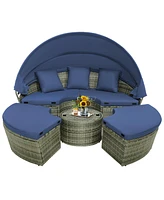 Patio Rattan Daybed Outdoor Sectional Seating with Side Table & Retractable Canopy