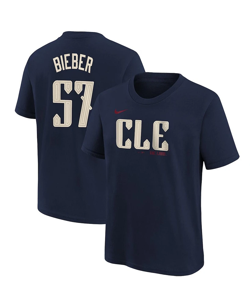 Nike Big Boys and Girls Shane Bieber Navy Cleveland Guardians 2024 City Connect Name Number T-Shirt