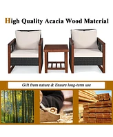3 Pieces Patio Wicker Furniture Set with Washable Cushion and Acacia Wood Coffee Table-Beige