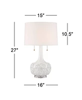Natalia Modern Table Lamp 27" Tall with Table Top Dimmer White Glaze Floral Ceramic Fabric Drum Shade for Bedroom Living Room House Home Bedside