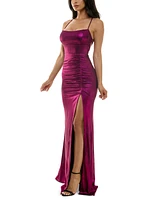 Emerald Sundae Juniors' High-Slit Low-Back Evening Gown